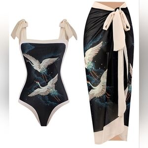 Chic Black and Cream Swim Sarong with Crane Design